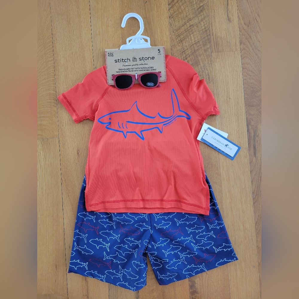 Nwt boys size 5 swim set - sunglasses, rash guard and swim trunks